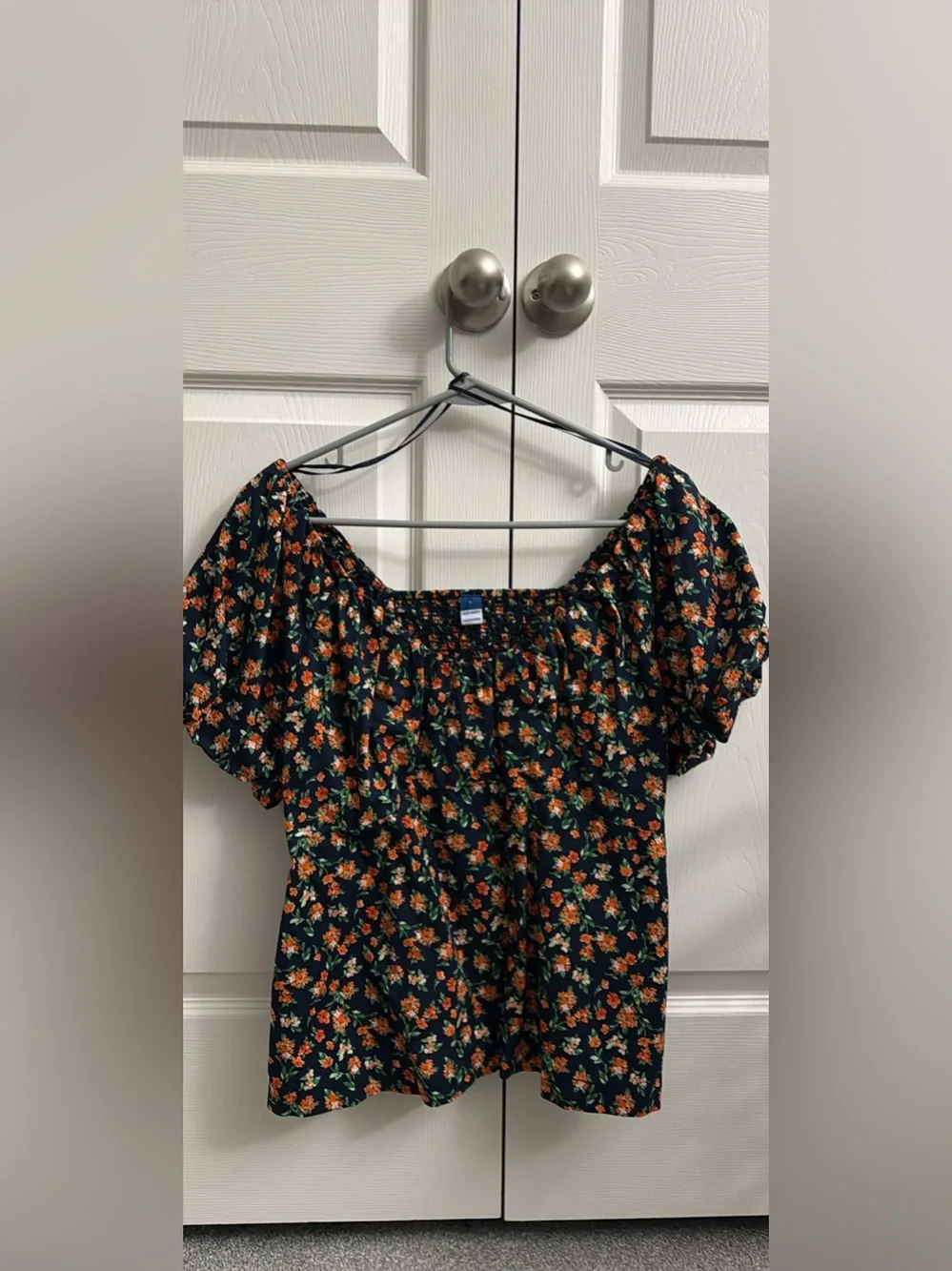 Old Navy Black Off-Shoulder Puff Sleeve Top with Orange Floral